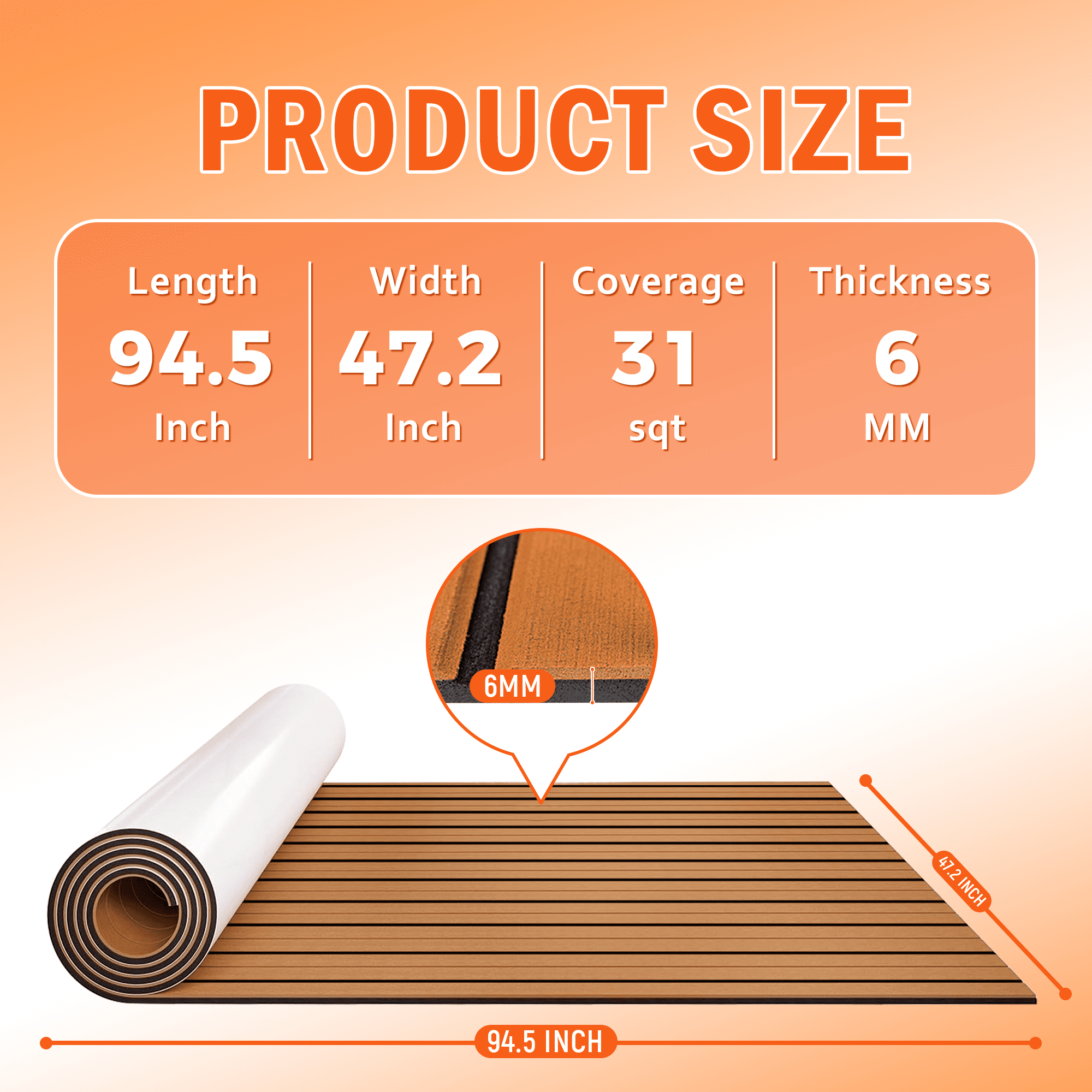 EVA Foam Boat Flooring - 94.5''x 47.2'' Waterproof Non-Slip Marine Carpet, 6 MM Self-Adhesive Sea Deck for Jon Boats Yacht Kayak Surfboard RV Garden Swim Platform, Brown Stripe