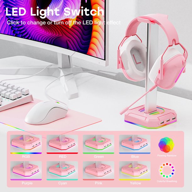 RGB Headphone Stand Rack with 3 USB2.0 Ports Headset Holder for All Headphones