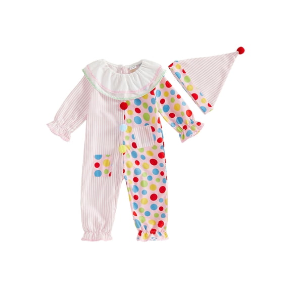 RUINIXCW Toddler Baby Girl Boy Halloween Outfit Clown Costume Infant Baby Girl Boy Romper Birthday Photoshoot Outfit Collar Long Sleeve Jumpsuit Hat