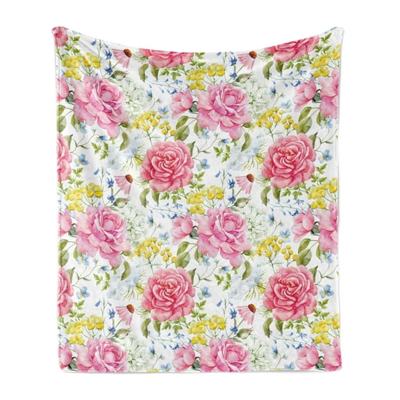 Floral Soft Flannel Fleece Blanket, Romantic Pattern of Rose Flower Meadow Bouquet Watercolor on Plain Background, Cozy Plush for Indoor and Outdoor Use, 50" x 70", White Multicolor, by Ambesonne