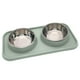 thumbnail image 1 of La comida de perro doble rueda los cuencos de la comida y del agua del acero inoxidable con la estera plástica del no derrame, 1 of 5