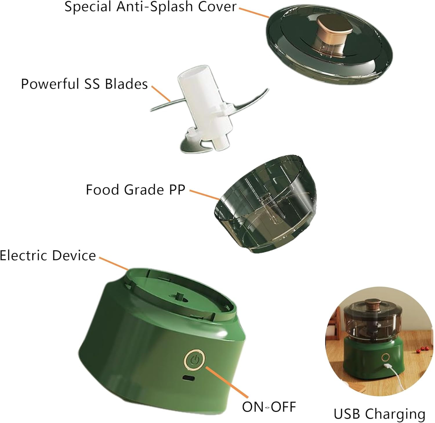 Electric Mini Chopper Food Processor: USB Charging Mini Food Chopper Garlic Grinder, 350ML Vegetable Chopper For Onion Garlic Pepper Meat Mincer/Grinder/Puree Food (Green)