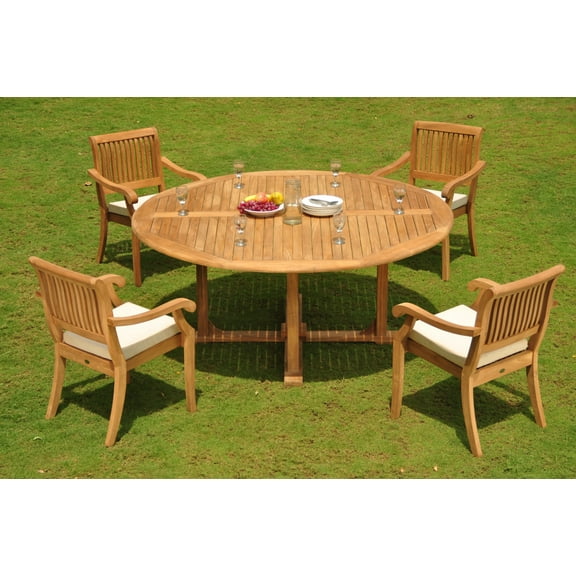 Teak Dining Set: 4 Seater 5 Pc: 72" Round Dining Table And 4 Arbor Stacking Arm/Captain Chairs Outdoor Patio Grade-A Teak Wood WholesaleTeak #WMDSAB60