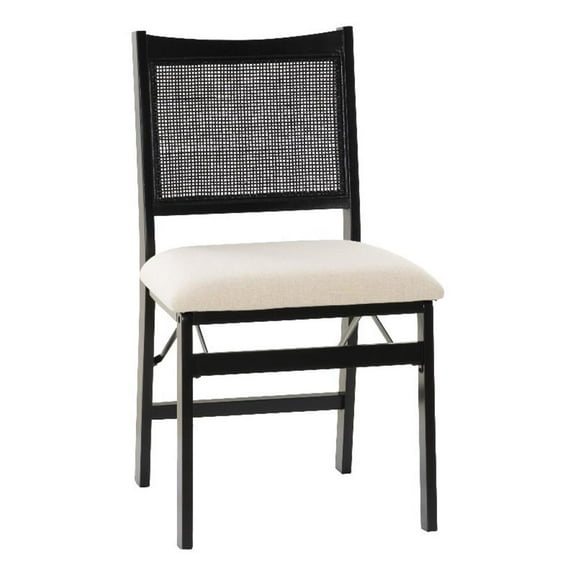 Linon Memphis Folding Side Chair Woven Cane Back Beige Padded Seat in Black Wood