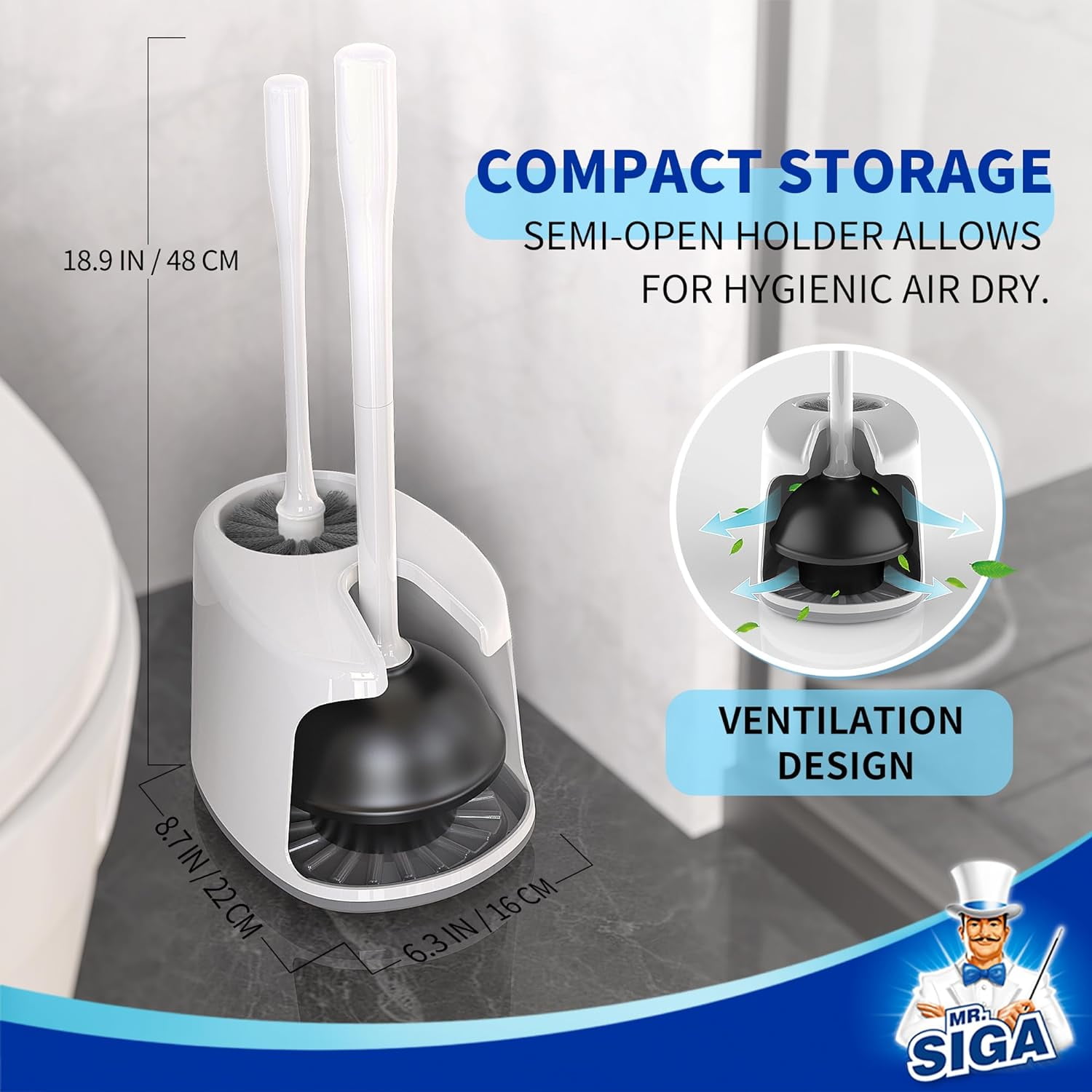 Toilet Plunger and Bowl Brush with Holder, Heavy Duty Toilet Brush and Plunger Set for Bathroom Cleaning, White, 1 Set