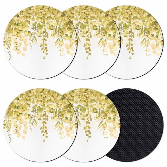 Yellow Eucalyptus Leaves Coasters Set of 6, Spring Floral Summer Botanical Absorbent Coasters for Drinks, Coaster for Bar Office Dining Coffee Table Accessories Decor, Non Slip Round Desk Coaster