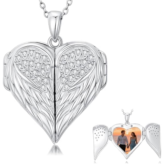 CACA LADY Angel Wings Locket Necklace 925 Sterling Silver Angel Heart Locket Necklace That Holds 2 Picture Memorial Jewelry Gifts for Women (Locket only)