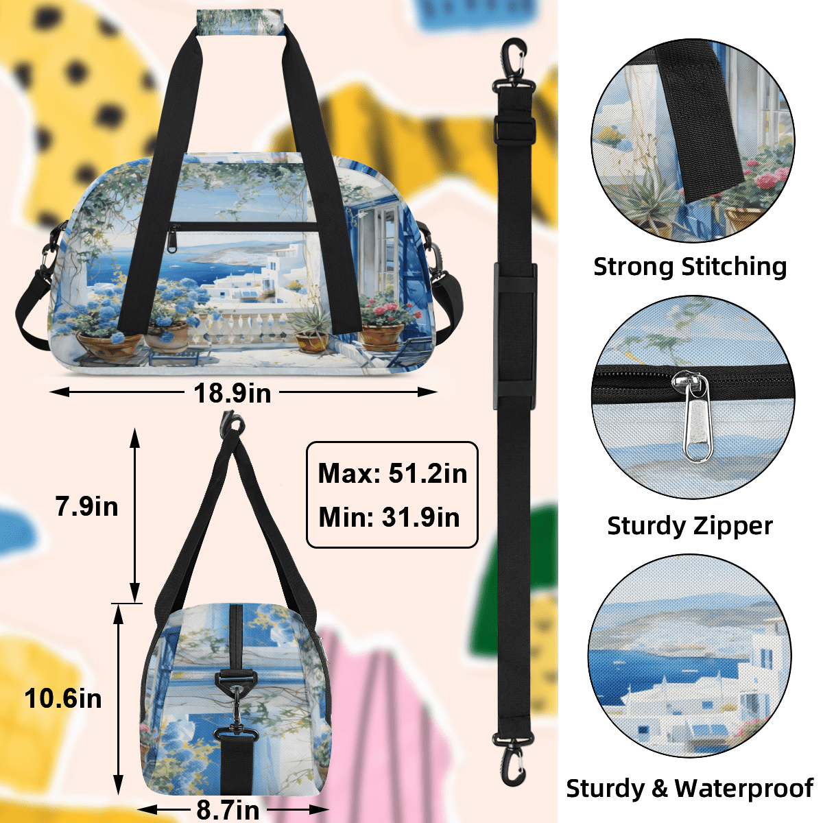 Herdesigns City Landscape Modern Sports Duffle Bag for Women & Men, Romantic City Gym Bag Dance Bag Overnight Bag Carry On Weekender Travel Bag