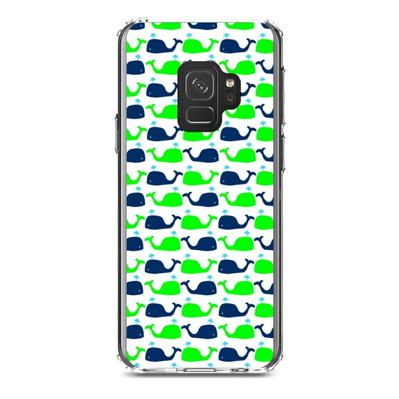 DistinctInk Clear Shockproof Hybrid Case for Samsung Galaxy S9 (5.8" Screen) - TPU Bumper, Acrylic Back, Tempered Glass Screen Protector - Green Navy Cartoon Whales - Cartoon Whales