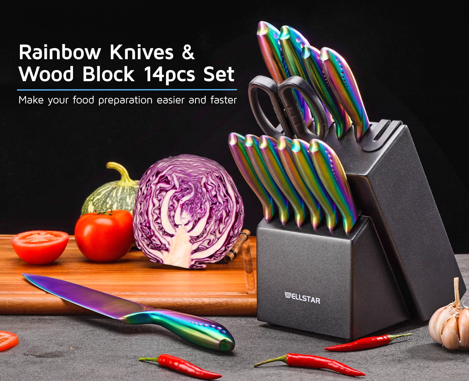 WELLSTAR Kitchen Knife Set 3 Piece, Razor Sharp German Stainless Steel Blade  and Comfortable Handle with Rainbow Titanium Coated, Chef Santoku Paring  for Cutting Dicing Mincing and Peeling, Gift Box 
