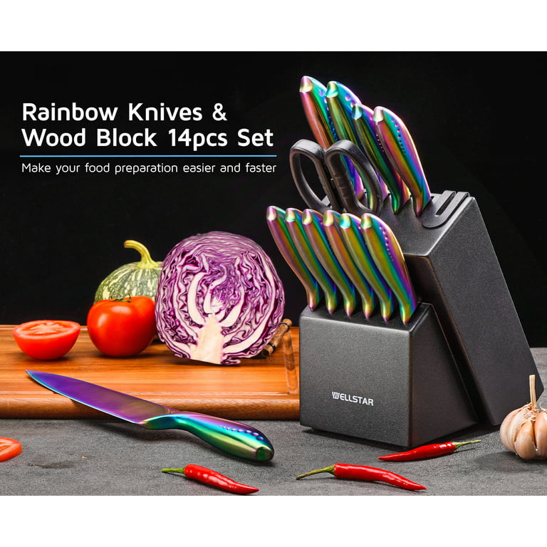 WELLSTAR Rainbow Knife Set 7 Pieces, Iridescent German Stainless Steel  Kitchen Knives Set with Acrylic Stand Holder, Colorful Titanium Coating,  Chef's