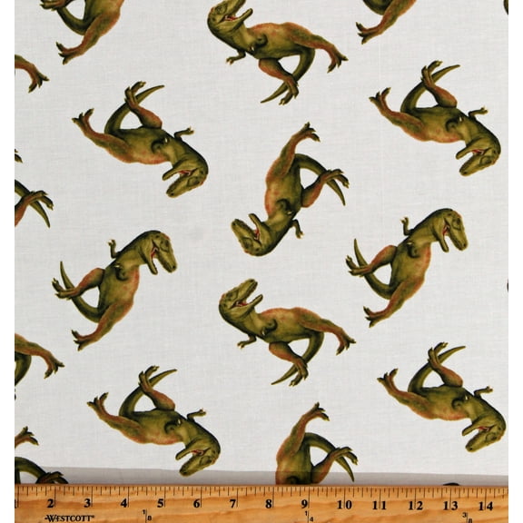 Cotton Dinosaurs T-Rex Tyrannosaurus Rex Reptiles Animals Prehistoric March of the Dinosaurs Cream Cotton Fabric Print by the Yard (6071-40)