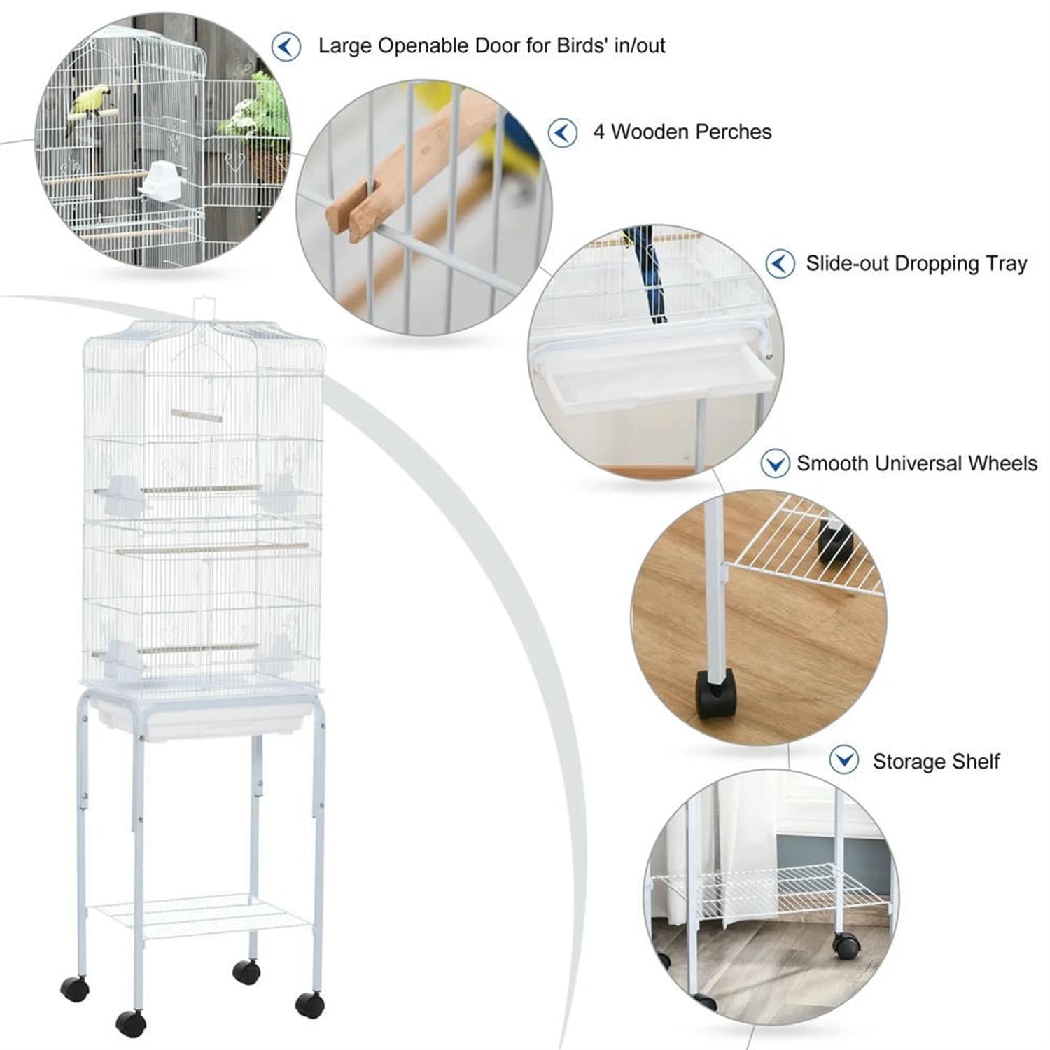 Kadyn 61" Height Metal Indoor Bird Cage Aviary Parakeet House with Detachable Rolling Stand for Parrots Conures Lovebird Cockatiel Parakeets, White