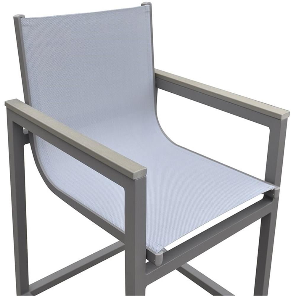 Armen Living Marina Outdoor Patio Barstool in&nbsp;Grey Powder Coated Finish with Grey&nbsp;Sling Textilene and Grey Wood Accent Arms