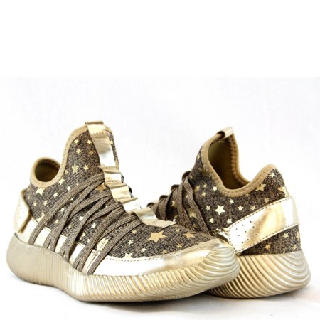 

Women Light Weight Cross Training Sneakers Star Glitter Theme Shiny Soft Microfiber Upper Gold