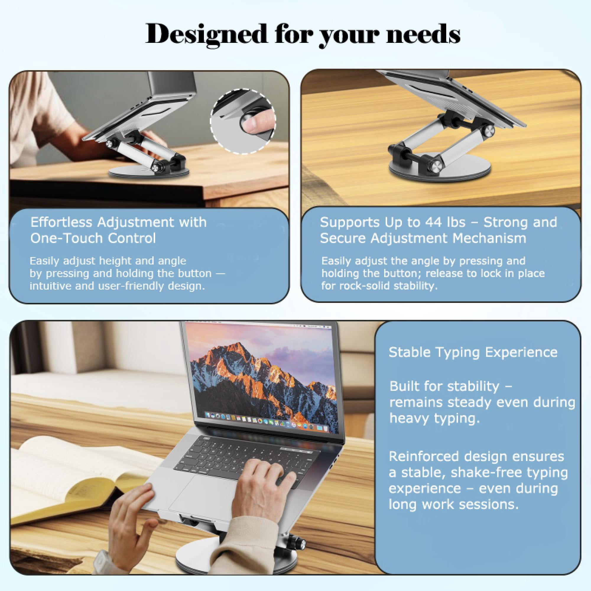 Adjustable Ergonomic Laptop Stand with One-Button Angle Control – Supports Up to 17” Laptops & Tablets, Heavy-Duty Aluminum, Foldable & Portable, Holds Up to 44 lbs