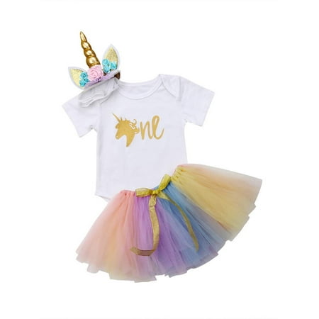 

wybzd 3PCS Unicorn Outfit Newborn Baby Girls 1st Birthday Romper+Tutu Skirt Dress+Headband Clothing Set 18-24 Months
