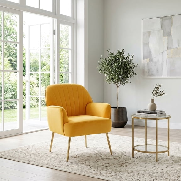 Yellow Velvet Accent Chair with Metal Legs - Modern Upholstered Barrel Chair
