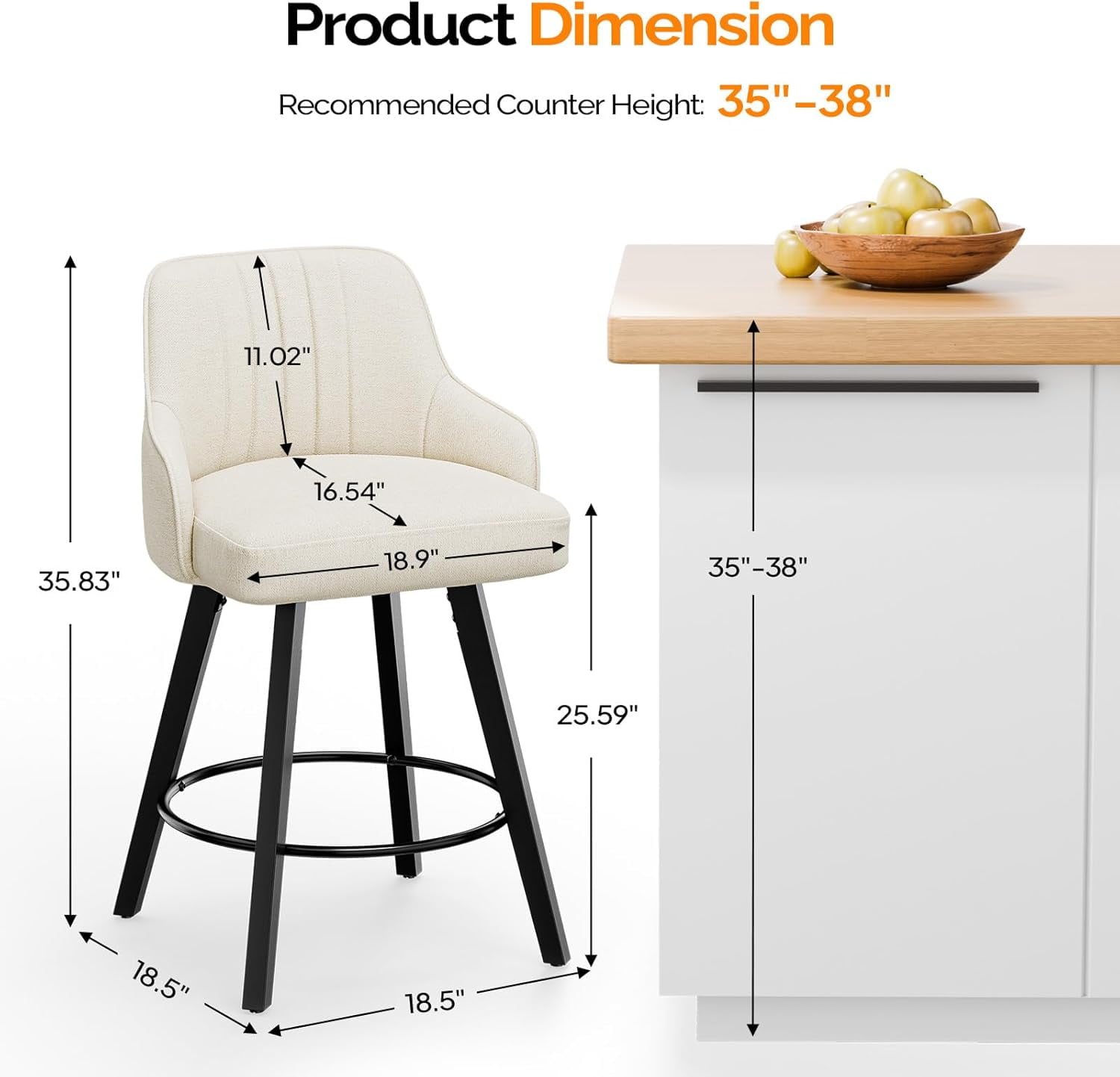 VINGLI 26" H Swivel Barstools Set of 2, PU Leather Upholstered Counter Stool with Back, Kitchen High Chairs Counter Height Bar stools with Cushion, Solid Wood Legs, Black