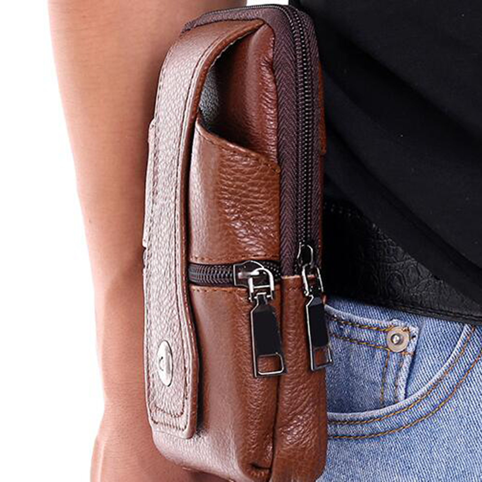 Yirtree Small Leather Belt Bag Phone Wallet Purse for Men Loop Holster Case Waist Pack Travel Messenger Pouch with Hook Men Outdoor Faux Leather Belt Waist Bag Mobile Phone Card Holder - image 3 of 8