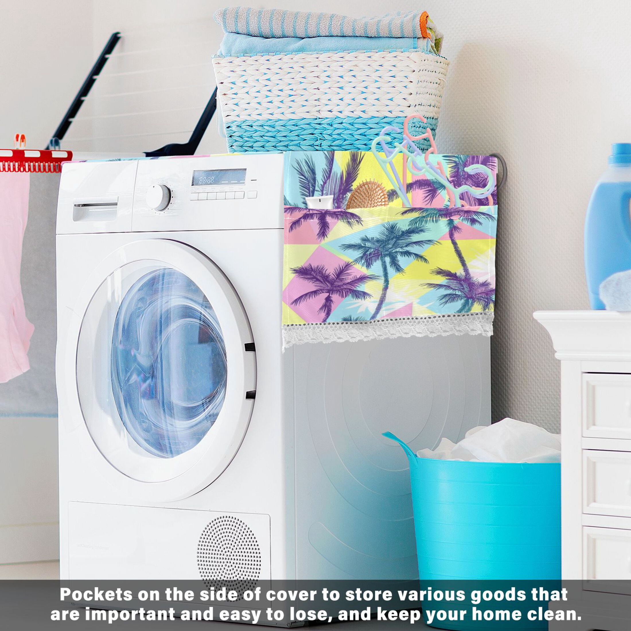 Washing Machine Cover 51.2x22in, Durable Polyester Dust Cover with Lace Trim and Side Pocket for Appliances Palm Tree Silhouettes