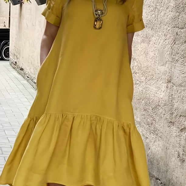 Vestido Casual De Talla Grande, Vestido De Smock Sólido De Cuello Redondo Con Mangas Enrolladas Y Bolsillos Para Mujer
