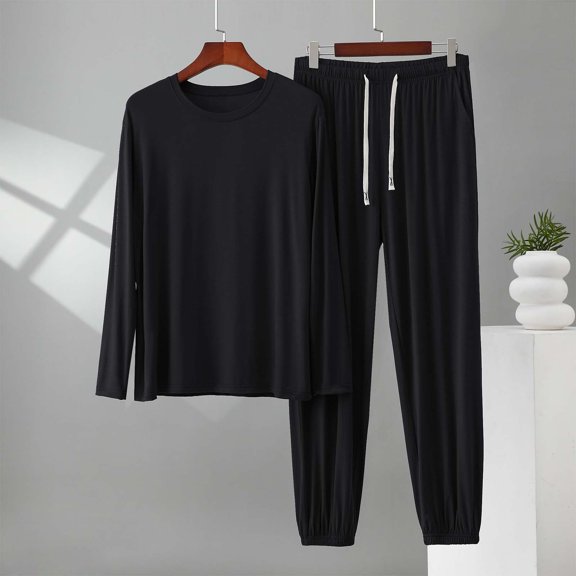 jobturf Plus Size Pajamas for Men Set Loose Fit Plain Lounge Sets Long Sleeve Shirt and Jogger Pants Summer Sleepwear 2 Piece Outfits L-5XL