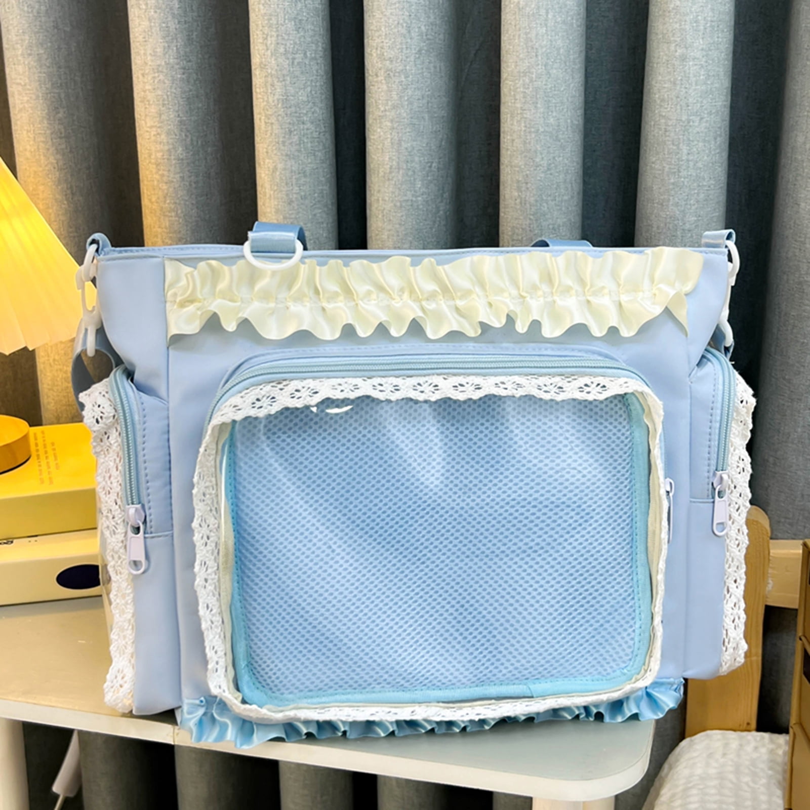 Women Transparent Square Ita Bag with Pin Display DIY Badge Crossbody Bag W/ Zipper & Pendant for Shopping Travel Work Daily Use (Blue)