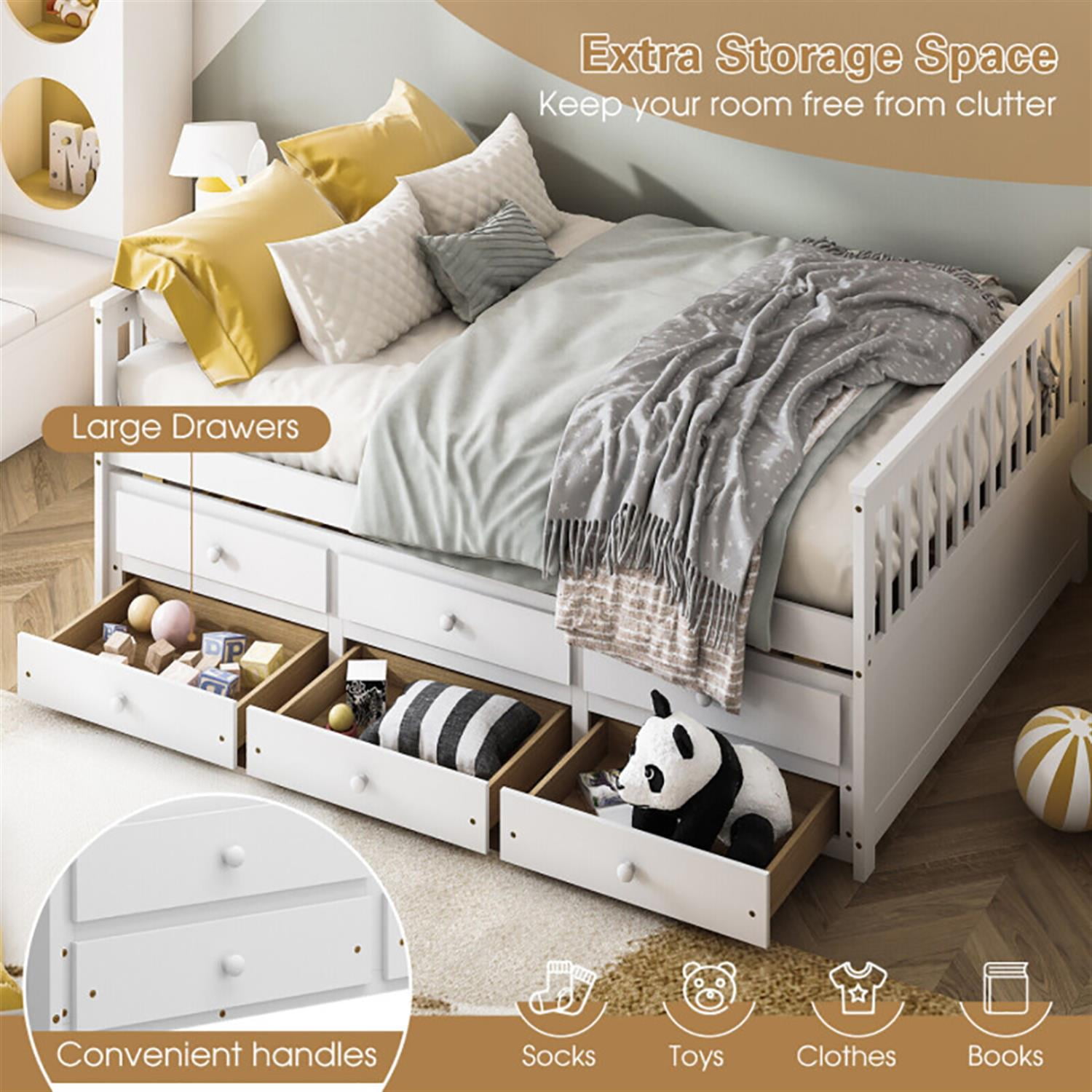 Demi Bonn Full Size Wood Daybed Frame with Trundle Bed and 3 Storage Drawers, Modern Bed Frame for Teens, White