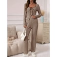 thumbnail image 6 of Women 2 Piece Knit Lounge Set Soft Stretchy Striped Outfit Long Sleeve Self-Tie Front Top High Waist Flare Pants Khaki S, 6 of 9