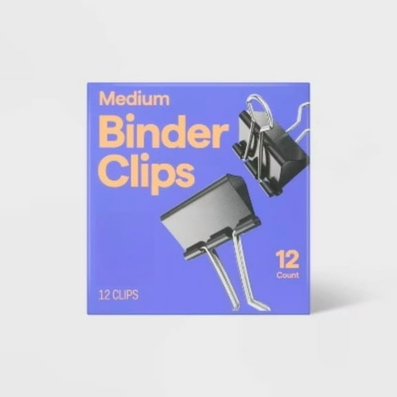 12ct Medium Binder Clips  Office Supplies, Steel, Silver & Black, 1.87" Height, 12 Pack