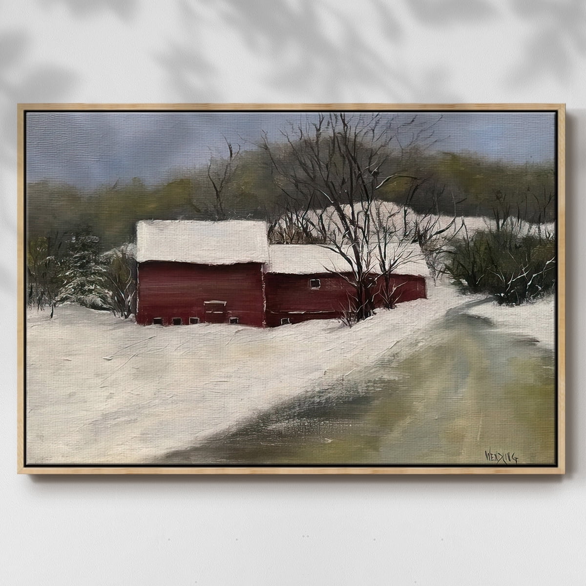 Winter Homestead II - Framed Gallery Wrapped Holiday Canvas - 27 x 41 - Natural Wood Frame