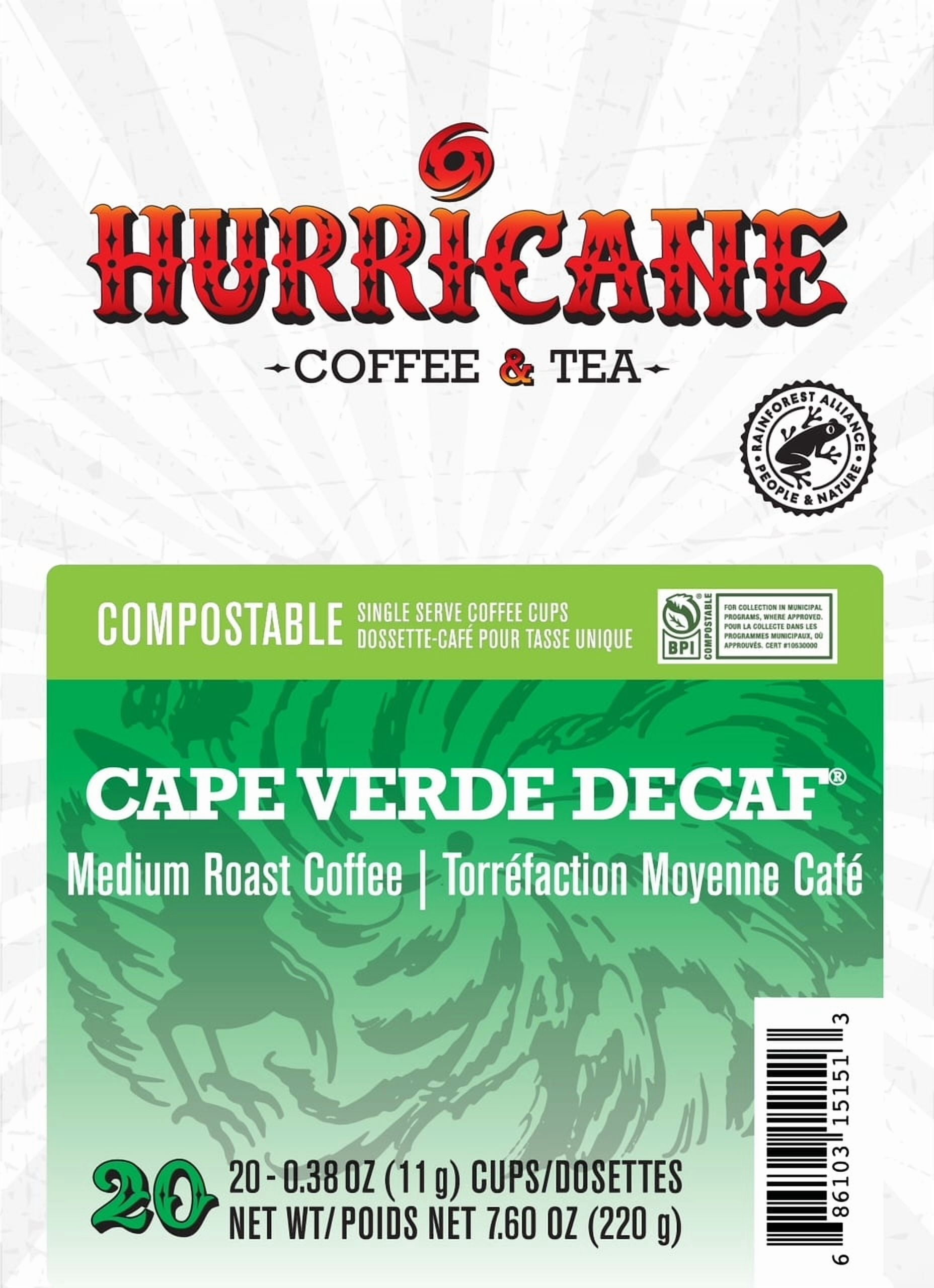 Hurricane Cape Verde Decaf Medium Roast Coffee, Compostable Single Serve Coffee Pods Compatible with Keurig K-Cup Brewers, 20 Count per Box, 4 Boxes