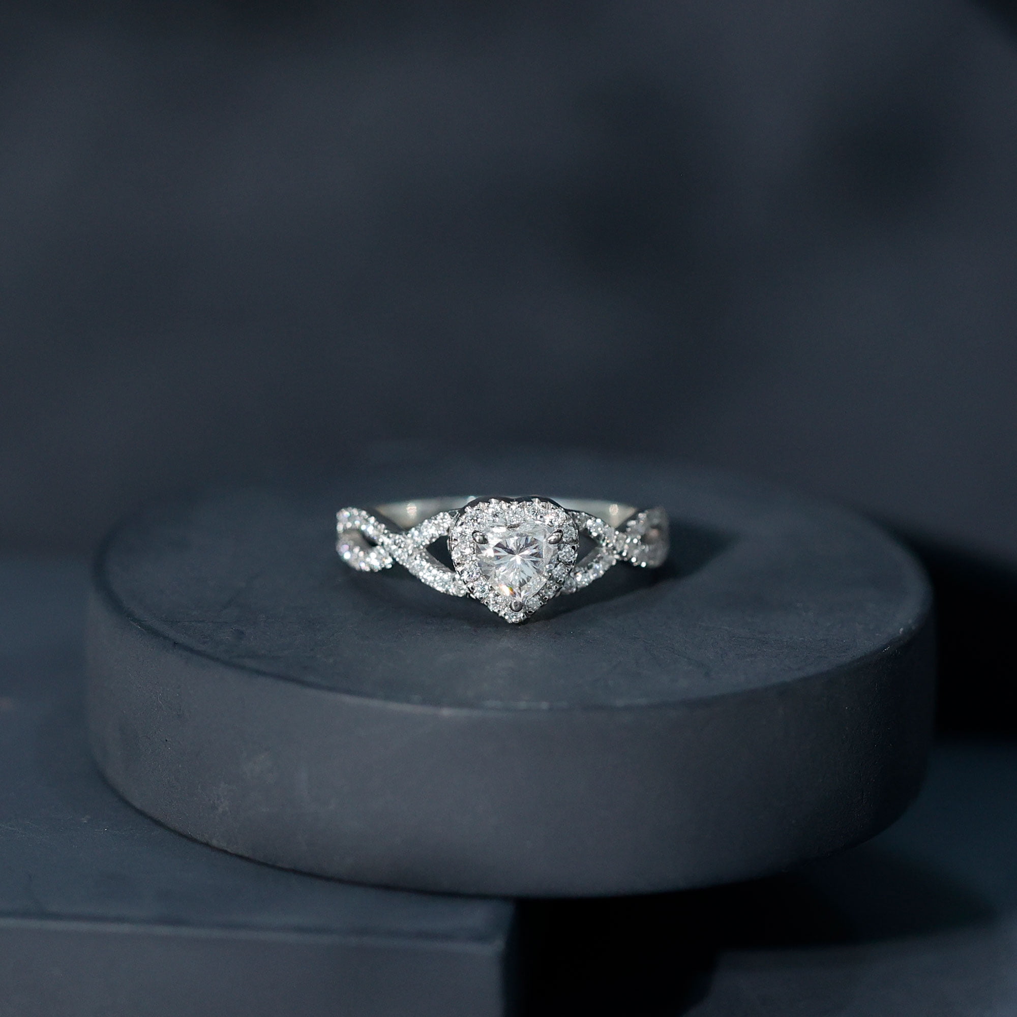 Rosec Jewels Moissanite Heart Engagement Ring for Women - 1/2 Carat - Moissanite Halo Crossover Ring - D-VS1 Grade, 14K White Gold, US 5.00