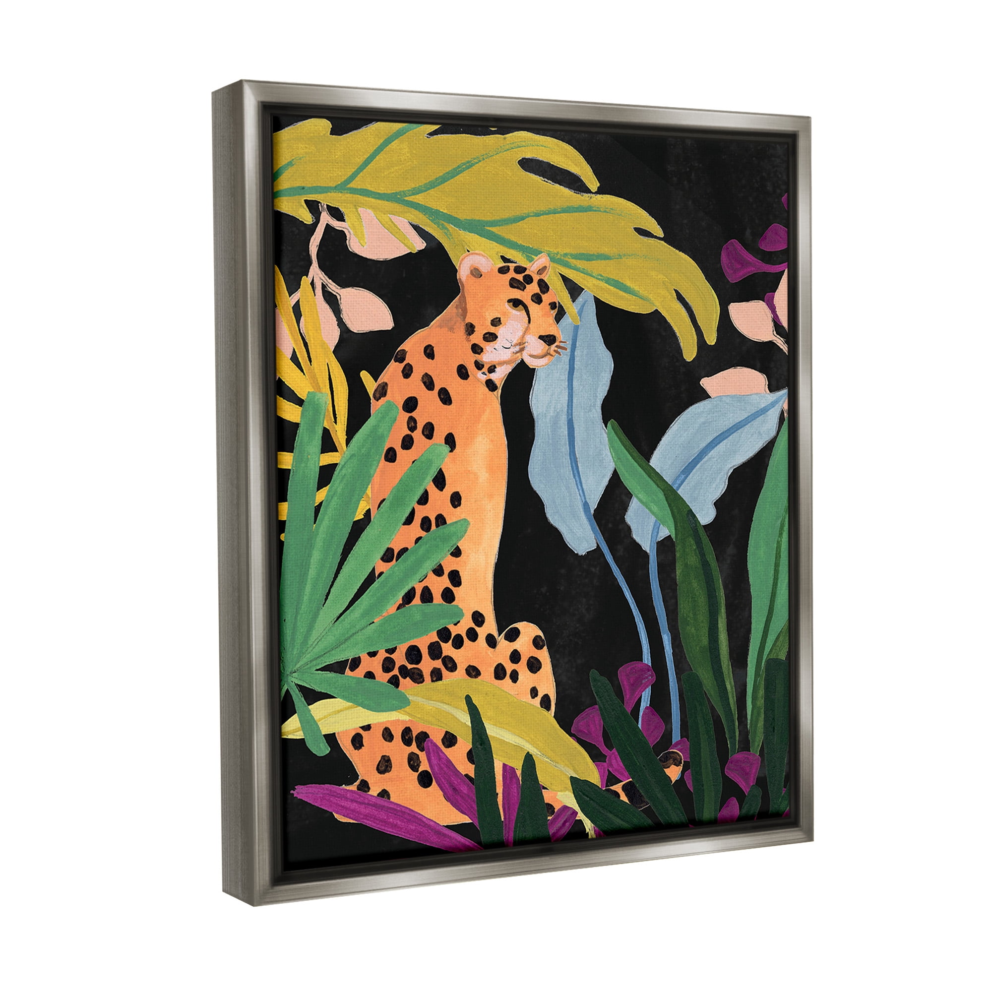 Stupell Industries Jungle Leaves & Cheetah Animals & Insects Painting Gray Floater Framed Canvas Art Print Wall Art, 25 x 31