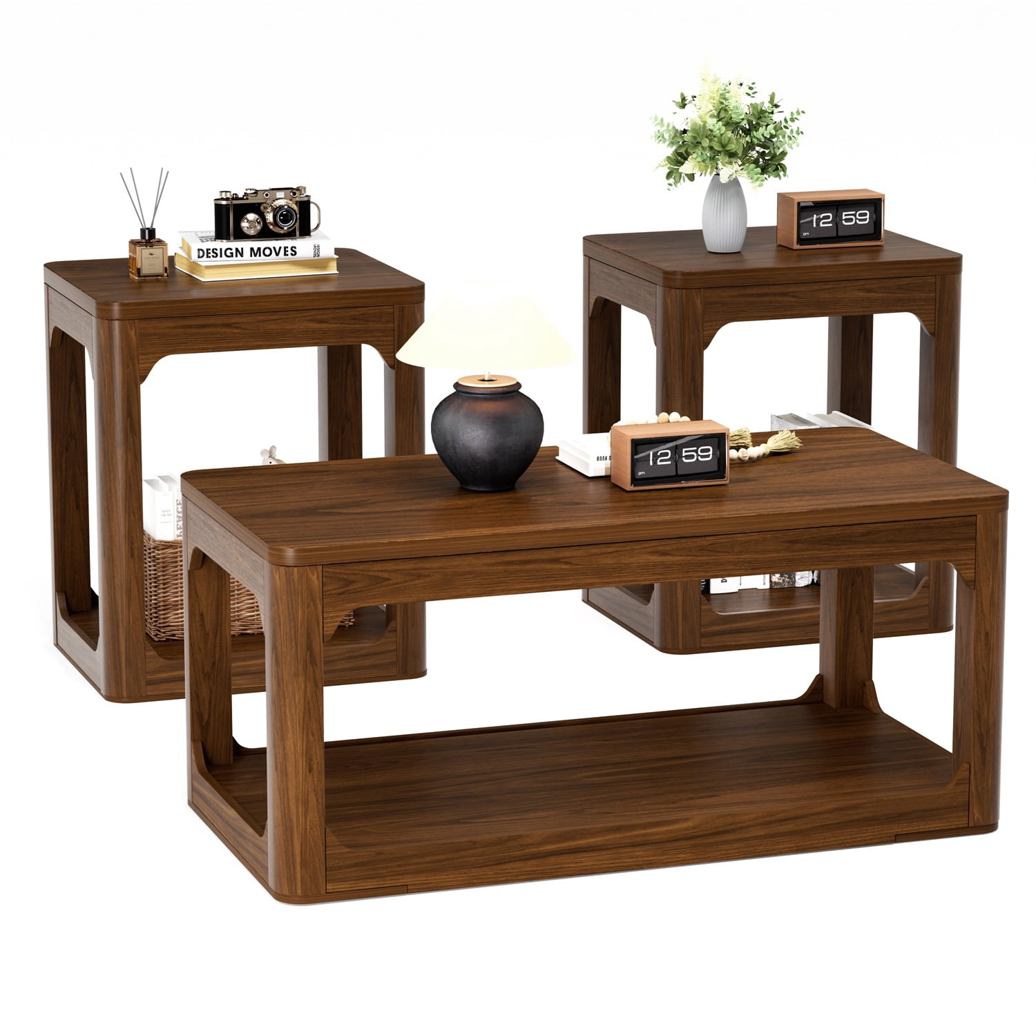 Hommoo Modern 3-Piece Coffee Table Set with Storage, Living Room Coffee Table + 2 Side Tables, Rounded Edges, Easy Assembly, Walnut