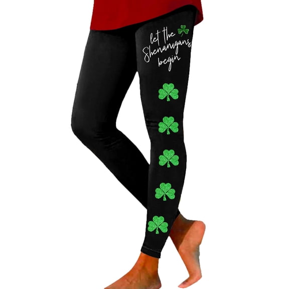 XIAONU Womens Shamrock Print Leggings High Waist Graphic Tights Stretchy Festive Holiday Bottoms Black