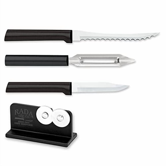 Rada Cutlery 3-Piece Peel, Pare & Slice Gift Knives Set with Quick Edge Sharpener, Black Handles