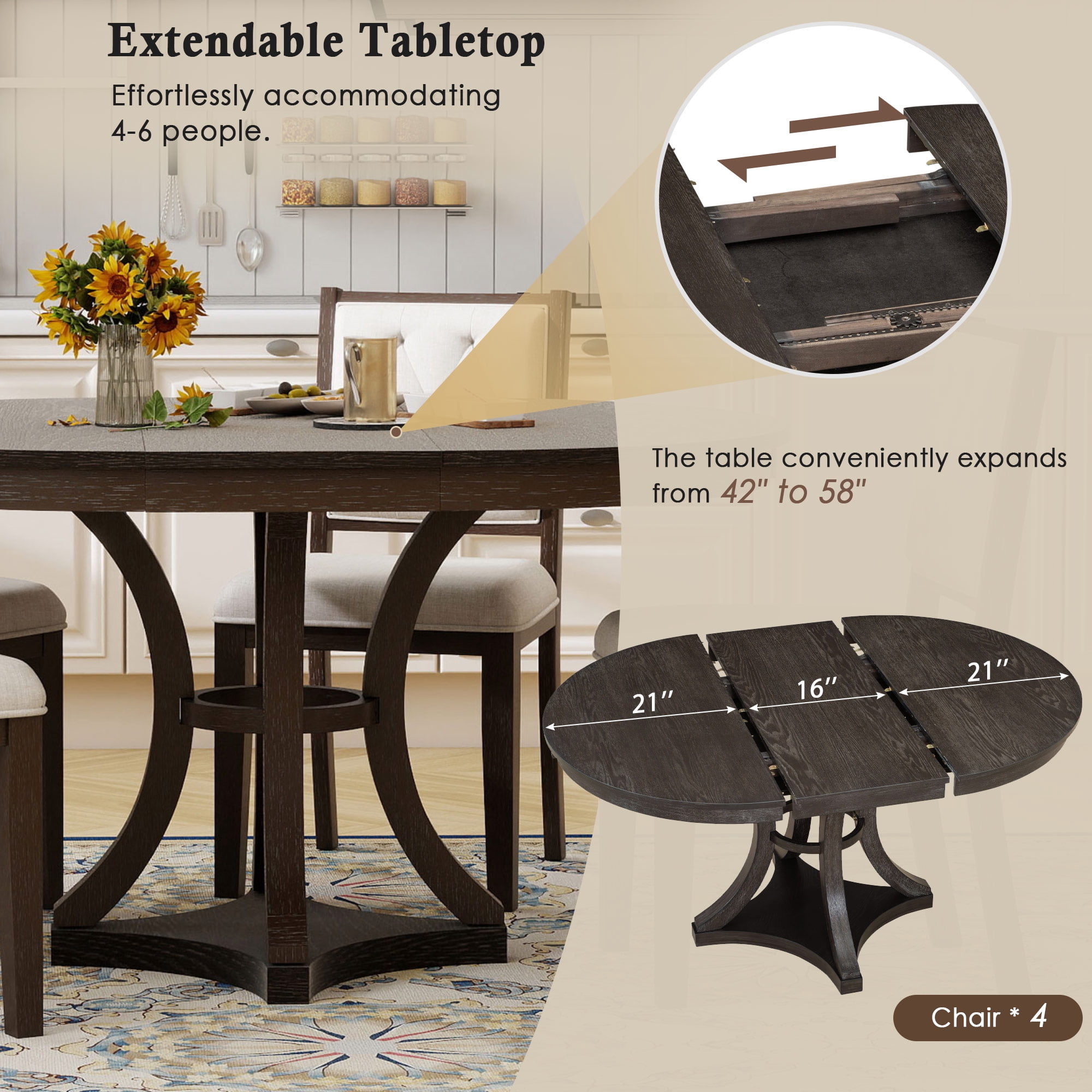 Mintazer 5 Piece Extendable Round Dining Table Set, Retro Expandable Dining Set with Round Table & 4 Tufted Upholstered Chairs for Living Room Dining Room, Espresso