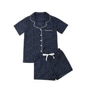 Women 2PCS Pajama Set, Solid Color/Dot/Striped Short Sleeve Top, Short Pants