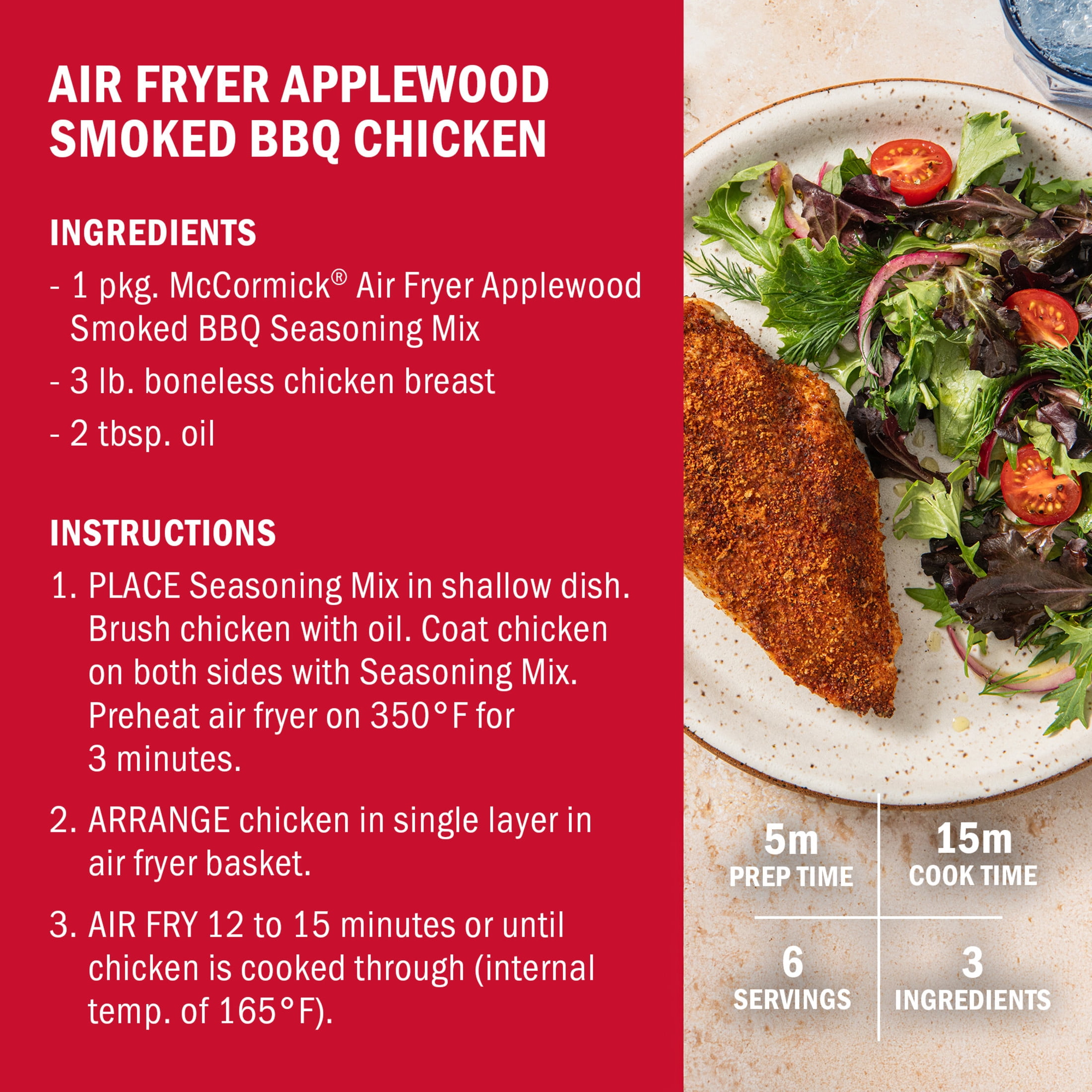 (6 pack) McCormick Air Fryer Applewood Smoked BBQ Seasoning Mix, 1.25 oz Packet