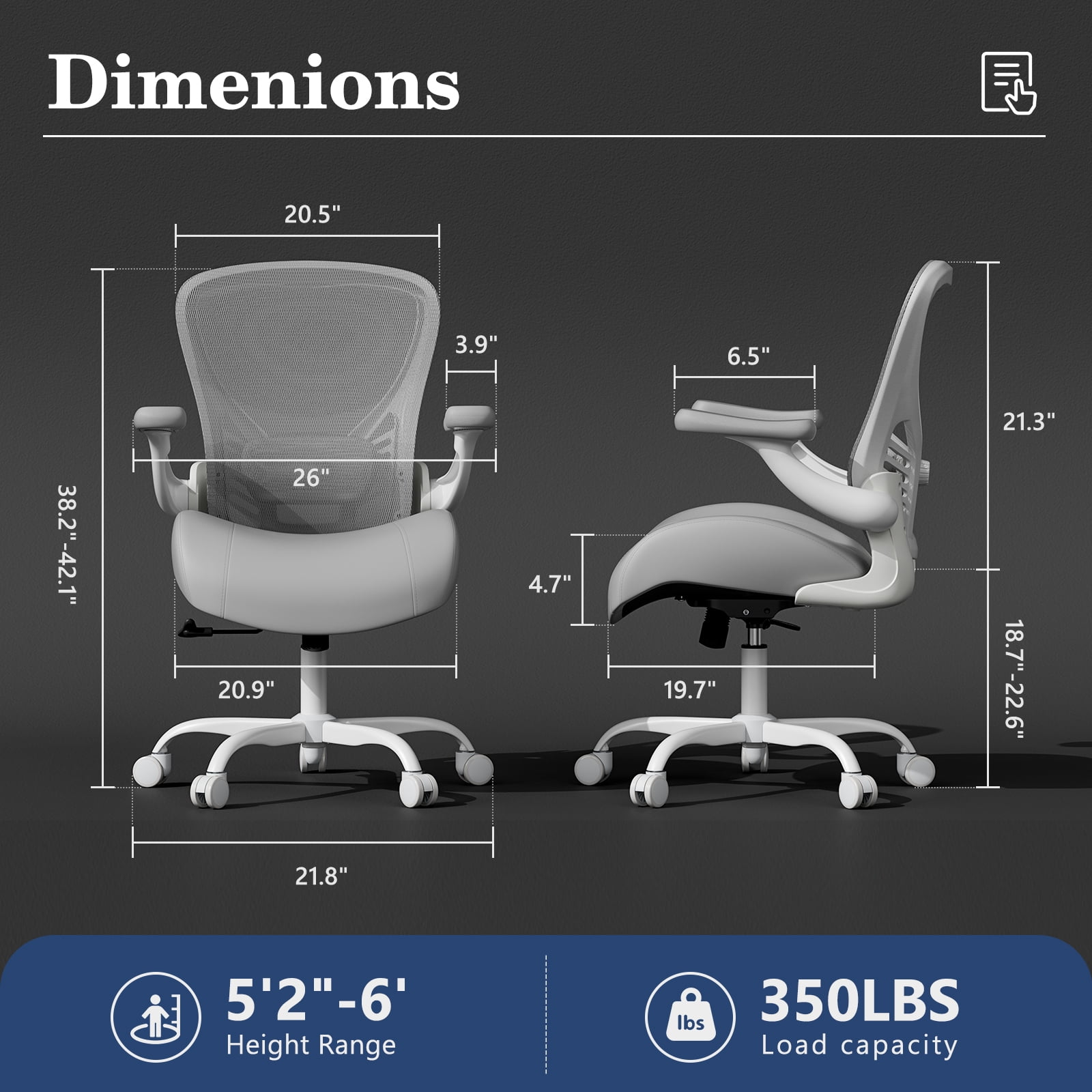 Solfway Computer Desk Chair, Ergonomic Office Desk Chair with Grey&White Mesh Back, Molded Leather Seat, 3D Flip-up Arms, Adjustable Lumbar Support&Height, Wheels for Home&Office