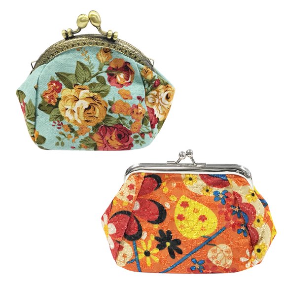 Wrapables® Canvas and Embroidered Floral Coin Purse Clutch Wallet (Set of 2), Orange and Sky Blue