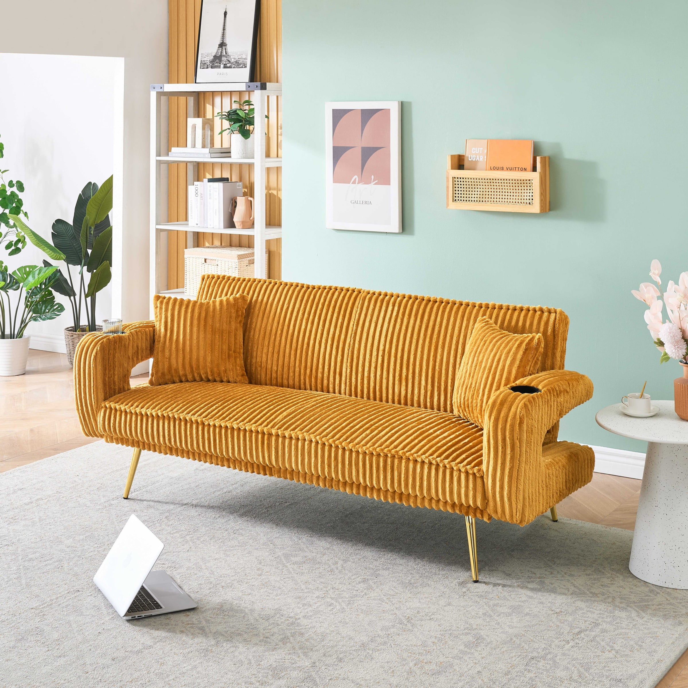 Corduroy Futon Sofa Bed with Pillows,74 inch Modern Convertible Loveseat Sleeper Bed with Adjustable Backrest for Living Room,Orange