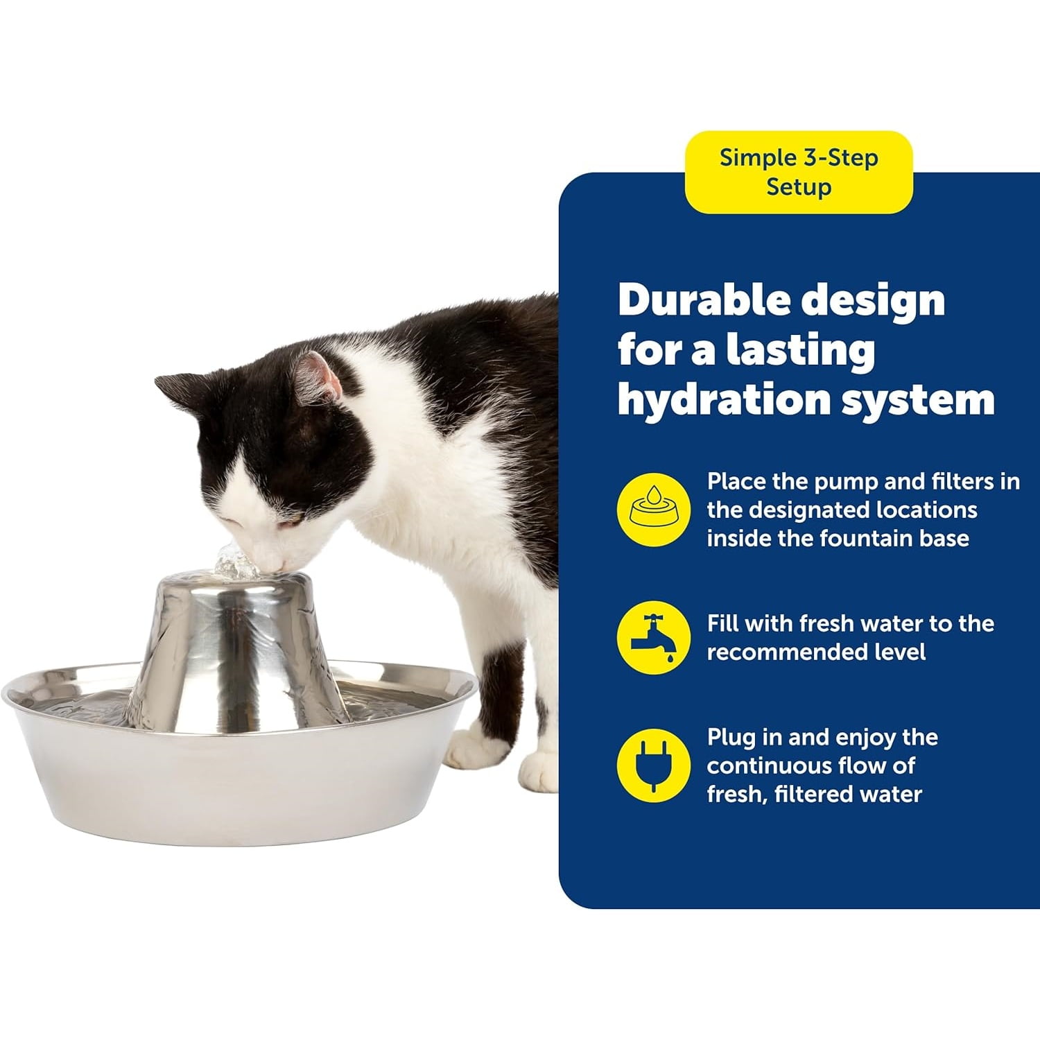 Stainless Pet Fountain - Encourages Hydration - Dual Filtration Removes Odors - Compact Design - Rust Resistant Material - Quiet Motor -