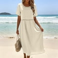 thumbnail image 2 of 2DXuixsh Robe Maxi d'Été Ample et Fluide pour Femme, Ajourée, Col Rond, Couleur Unie, Manches Courtes, Vacances, avec Poches, 2 of 4