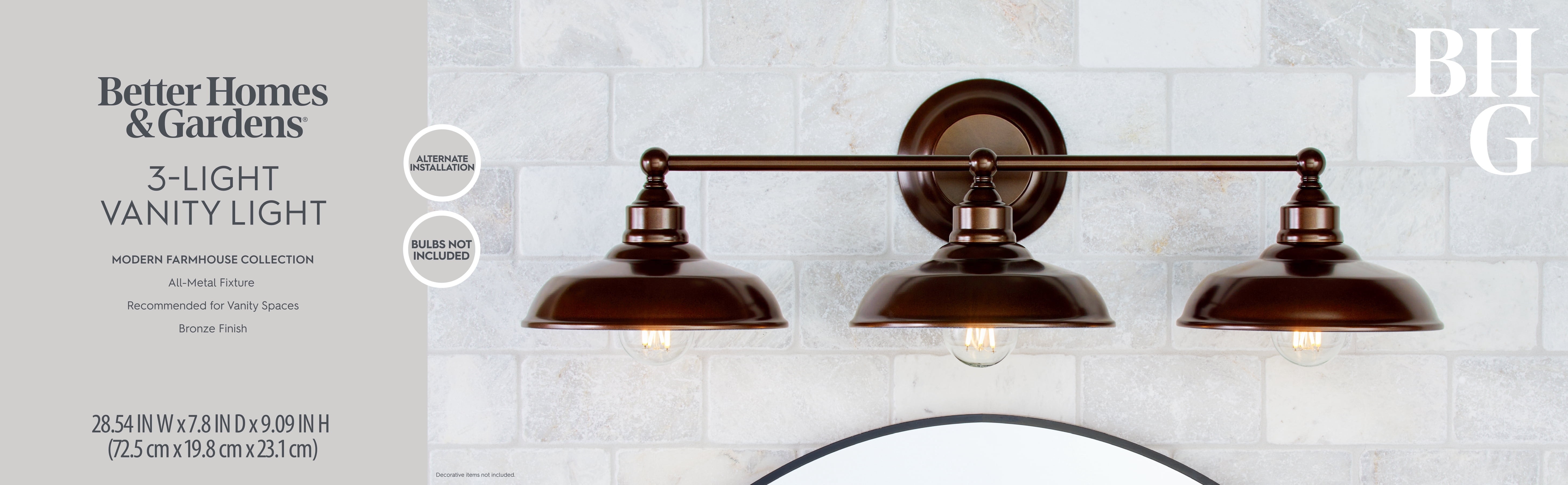 Better Homes & Gardens 28.5" Farmhouse Triple Wall Scones 3-Light Vanity Light, Oil Rubbed Bronze