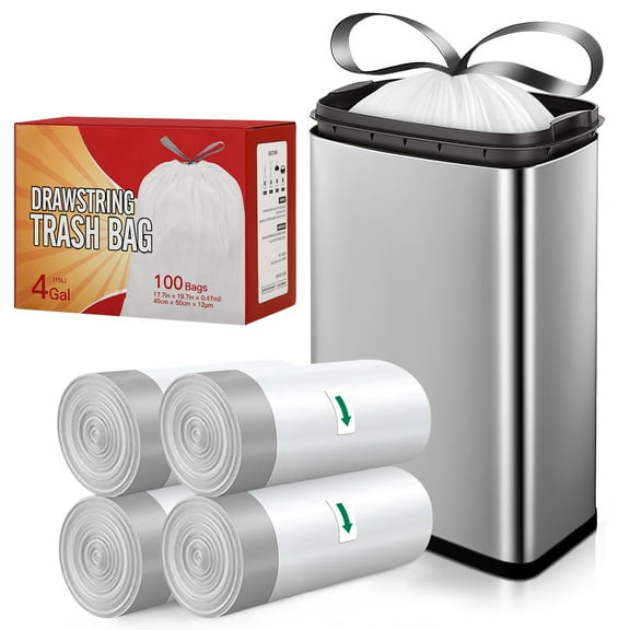 4 Gallon Drawstring Trash Bags, Small Garbage Bags 100 Pack, Tear-Free & Odorless, White Unscented White Liners for Bathroom, Bedroom, Office & Car, 10-15 L Capacity