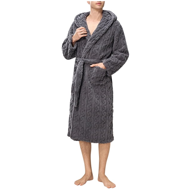Mens Texture Fleece Plush Robe with Hood Ultra Soft Fluffy Full Length Long with Pockets Luxurious House Coat