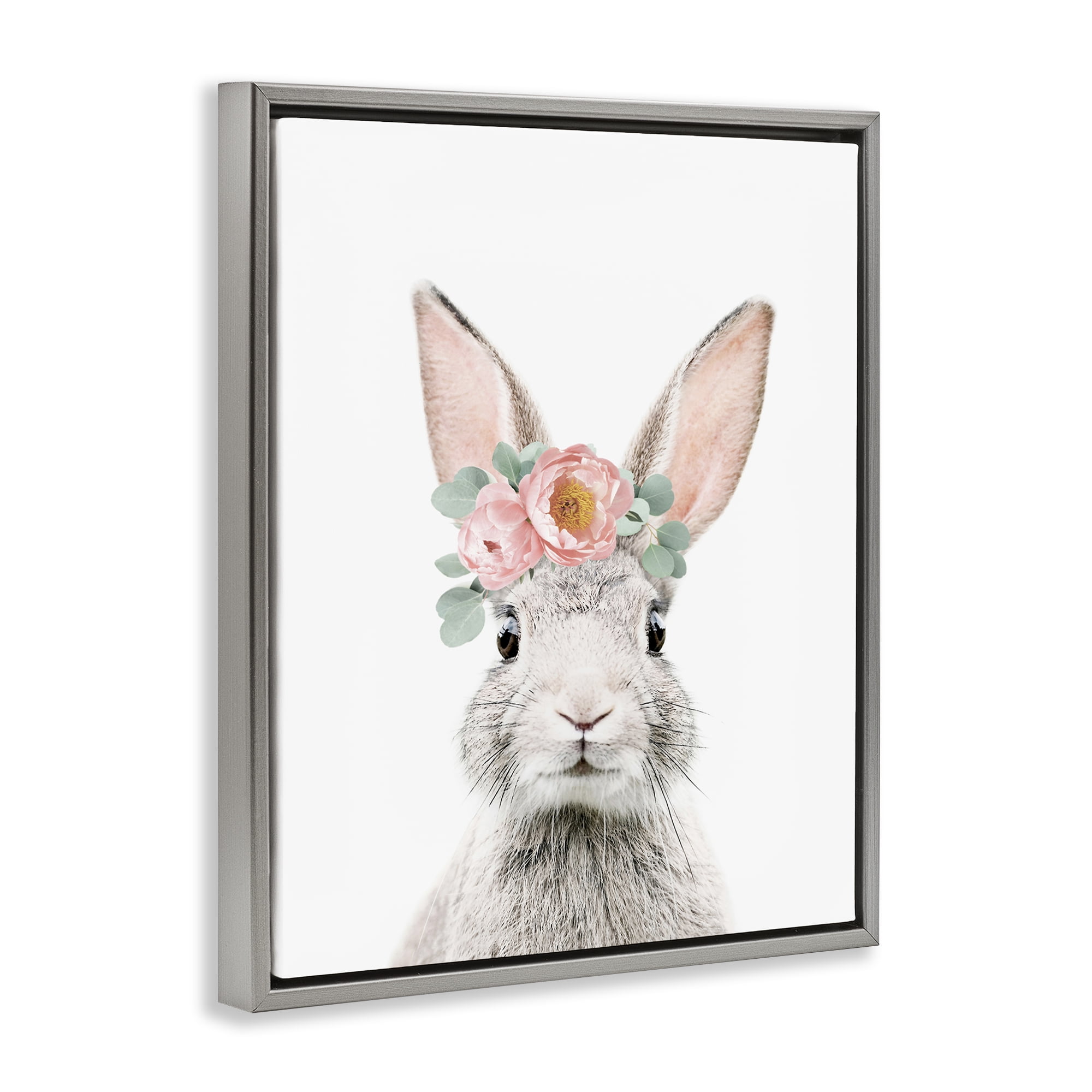 Stupell Industries Pink Flower Bunny Animals Painting Gray Floater Framed Canvas Art Print Wall Art, 17 x 21